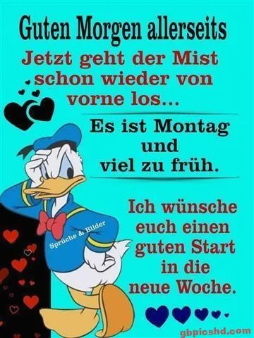 Ein Bild mit dem Text "Guten Morgen alleseits" und Donald Duck, umgeben von Herzen.