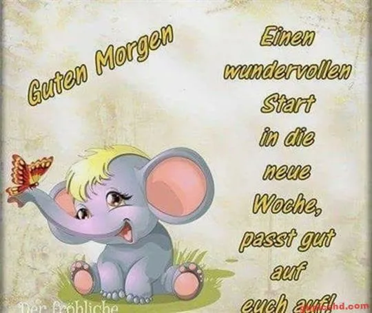 Ein süßer Elefant mit Schmetterling und dem Text "Guten Morgen" auf einem hellen Hintergrund.
