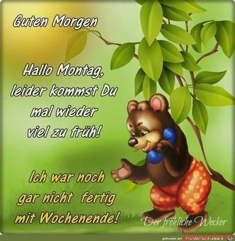 Ein Bär mit Telefon sagt "Guten Morgen" und begrüßt den Montag. Grüne Blätter im Hintergrund.