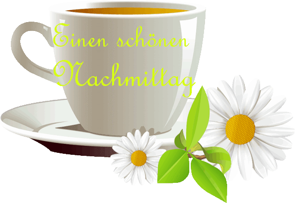 Weiße Kaffeetasse mit Gänseblümchen und Gruß für einen schönen Nachmittag.