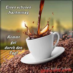 Kaffeetasse mit Kaffee und Kaffeebohnen, guter Wunsch für einen schönen Nachmittag.
