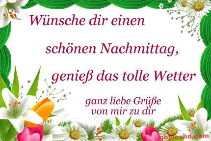 Blumenrahmen mit einer deutschen Nachmittaggrußbotschaft bei schönem Wetter.