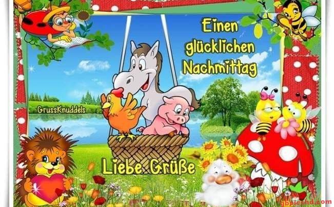 Fröhliche Tierzeichnungen mit Frühlingswiese und Wunsch für einen glücklichen Nachmittag.
