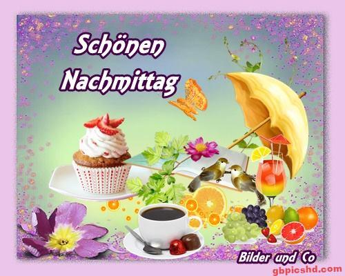 Bunte Illustration mit Muffin, Kaffee, Früchten, Vögeln und Schirm für einen schönen Nachmittag.