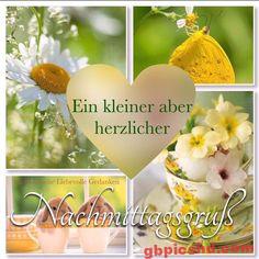 Collage mit Blumen und Schmetterling, herzlicher Nachmittagsgruß in freundlicher Atmosphäre.