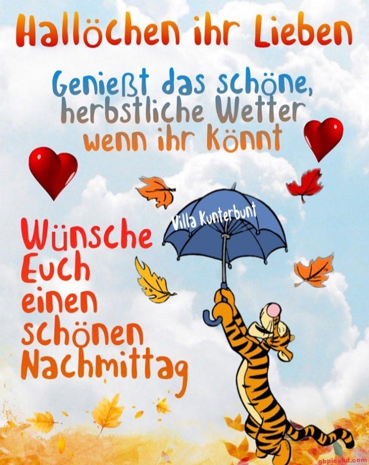 Herbstlicher Gruß mit Tiger und Regenschirm, herbstliche Blätter, Wunsch für einen schönen Nachmittag