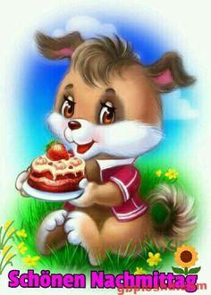 Niedlicher Cartoon-Hund mit Kuchen auf einer Wiese, freundlicher Gruß zum Nachmittag.