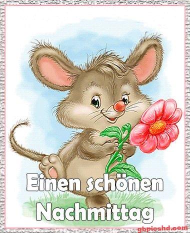 Niedliche Maus mit einer pinken Blume, die einen schönen Nachmittag wünscht.