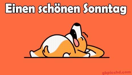 Liegende Comicfigur wünscht einen schönen Sonntag auf orangefarbenem Hintergrund.