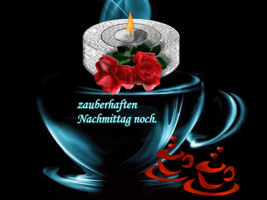 Kerze und rote Rosen auf einer Tasse, Gruß für einen zauberhaften Nachmittag.