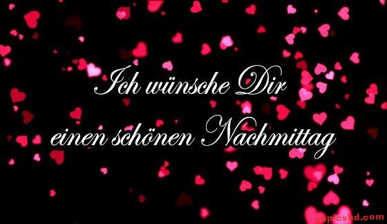 Herzliche Nachmittagwünsche in weißer Schrift auf einem schwarzen Hintergrund mit pink-roten Herzen.