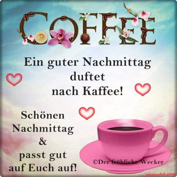 Bild mit einer rosa Kaffeetasse und einem Gruß für einen guten Nachmittag mit Kaffee.