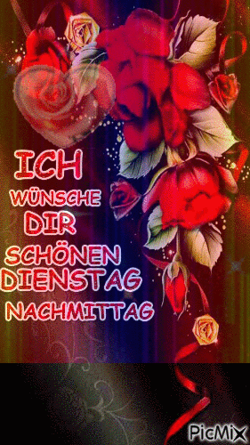 Rote Rosen und Herz mit freundlichem Gruß für den Dienstagnachmittag.