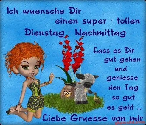 Animierte Figur mit Ziege und Blumen auf Wiese, grüßt einen schönen Dienstag Nachmittag