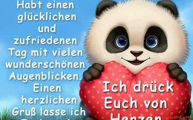 Niedlicher Panda mit Herz in den Pfoten grüßt zu einem glücklichen Tag.