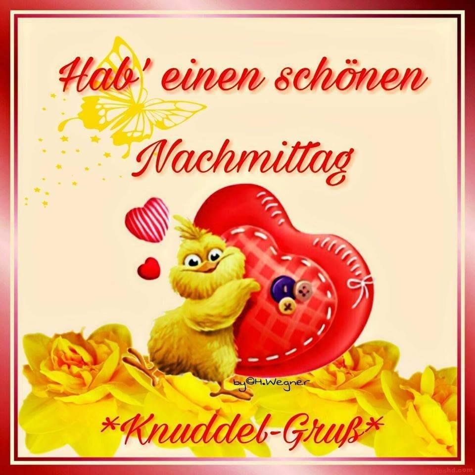 Niedlicher gelber Vogel hält ein Herz, Text wünscht einen schönen Nachmittag und einen Knuddel-Gruß.