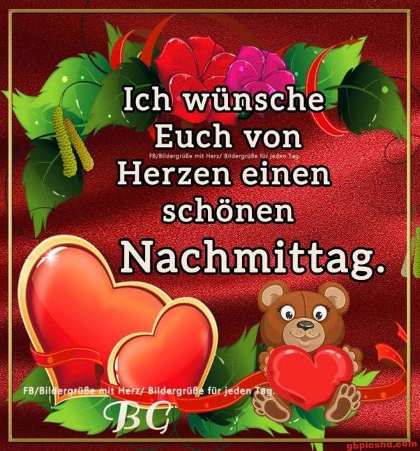 Grüßkarte mit rotem Hintergrund, Herzen und einem Bären, der einen schönen Nachmittag wünscht.