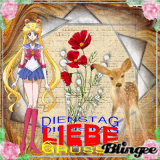 Bunte Grußkarte mit Sailor Moon, roten Blumen, Rehkitz und dem Schriftzug 'Dienstag der Liebe'.