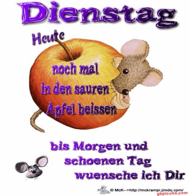 Illustration einer Maus beim Apfelbeißen mit einem Dienstag-Gruß in lila Schrift.