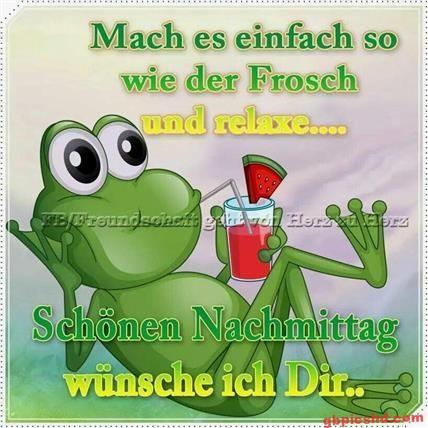 Ein entspannter grüner Frosch mit einem Getränk wünscht einen schönen Nachmittag.