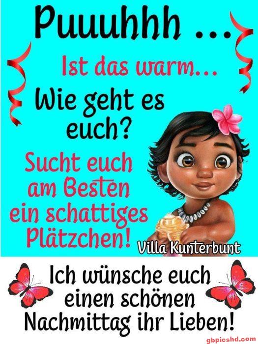 Fröhliches Cartoon-Mädchen mit Blumenschmuck, sommerlicher Grußtext über Wärme und guten Nachmittag.