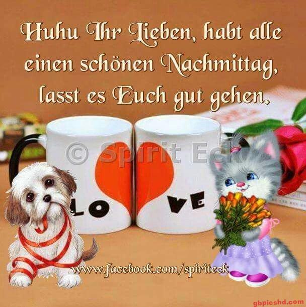 Zwei Kaffeetassen mit Herzmotiv, ein Hund und eine Katze mit Blumen, freundlicher Gruß für den Nachmittag.