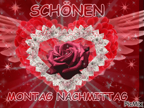 Rotes Herz mit Rosen und funkelnden Sternen, Gruß für einen schönen Montagnachmittag.