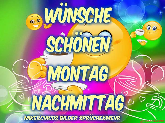 Fröhliches Emoji mit Kaffee vor buntem Hintergrund zum Montagnachmittag.