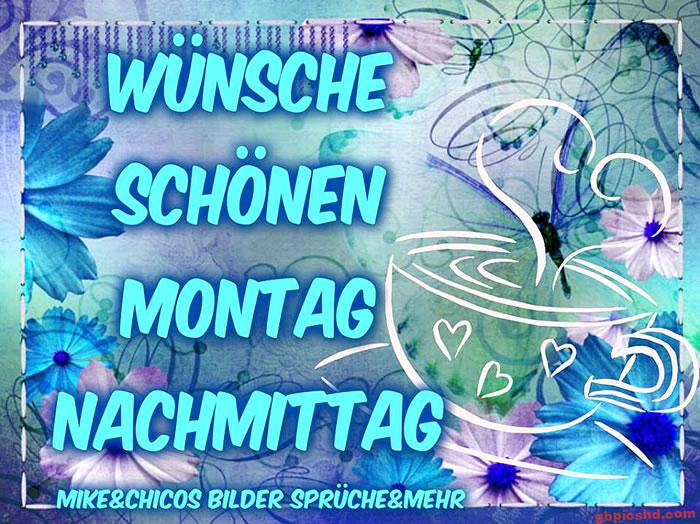 Illustration von Blumen und dampfender Tasse mit Gruß für einen schönen Montagnachmittag.