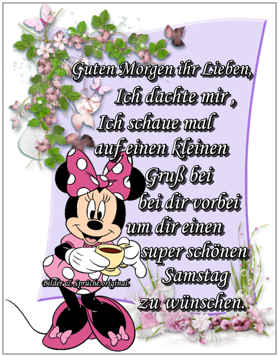 Minnie Maus mit Kaffee und Blumen, Guten-Morgen-Grüße zum Samstag.