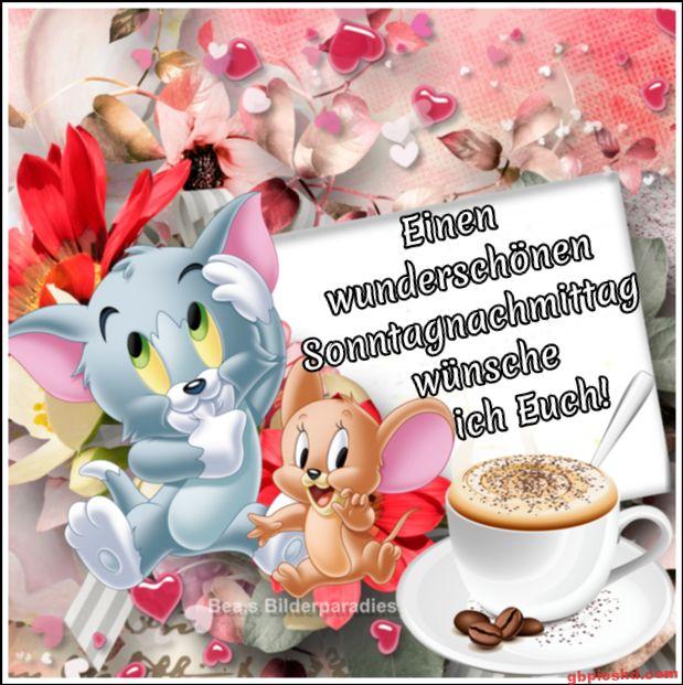 Tom und Jerry mit Kaffee vor Blumen, Gruß zum Sonntagnachmittag.