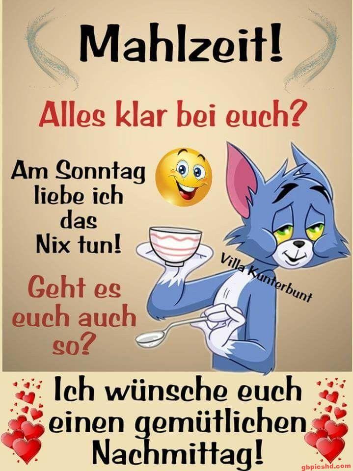 Cartoonfigur Tom mit Tasse und Löffel wünscht einen gemütlichen Sonntagnachmittag.