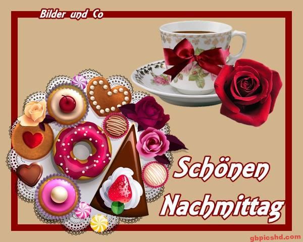 Tasse Tee mit Schleife, verschiedene Gebäckstücke und Rosen, freundlicher Gruß für den Nachmittag