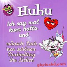 Fröhliches Bild mit Herz und Comicfigur, das einen schönen Nachmittag wünscht.