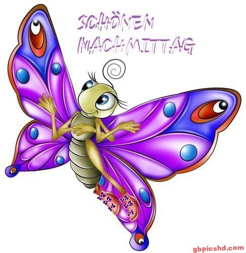 Fröhlicher lila Schmetterling mit großen Flügeln und Text "Schönen Nachmittag" als Gruß.