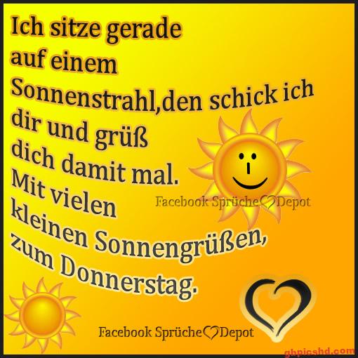 Lächelnde Sonne und herzförmige Zeichnung mit einem sonnigen Gruss zum Donnerstag.