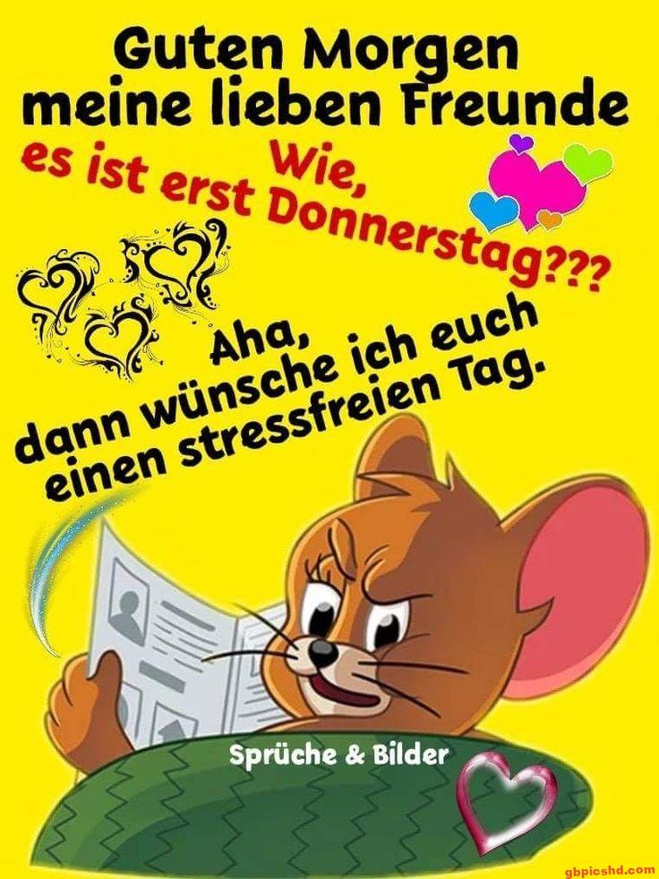 Cartoonmaus Jerry mit Zeitung vor gelbem Hintergrund, Guten-Morgen-Gruß für einen stressfreien Tag am Donnerstag.