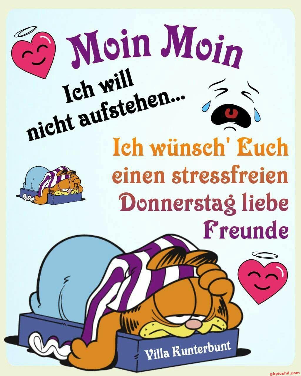 Müder Garfield im Bett mit Grüßen für einen stressfreien Donnerstag
