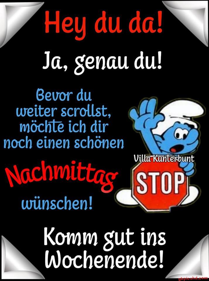 Comic-Schlumpf mit Stoppschild und bunter Grußbotschaft zum Nachmittag und Wochenende.