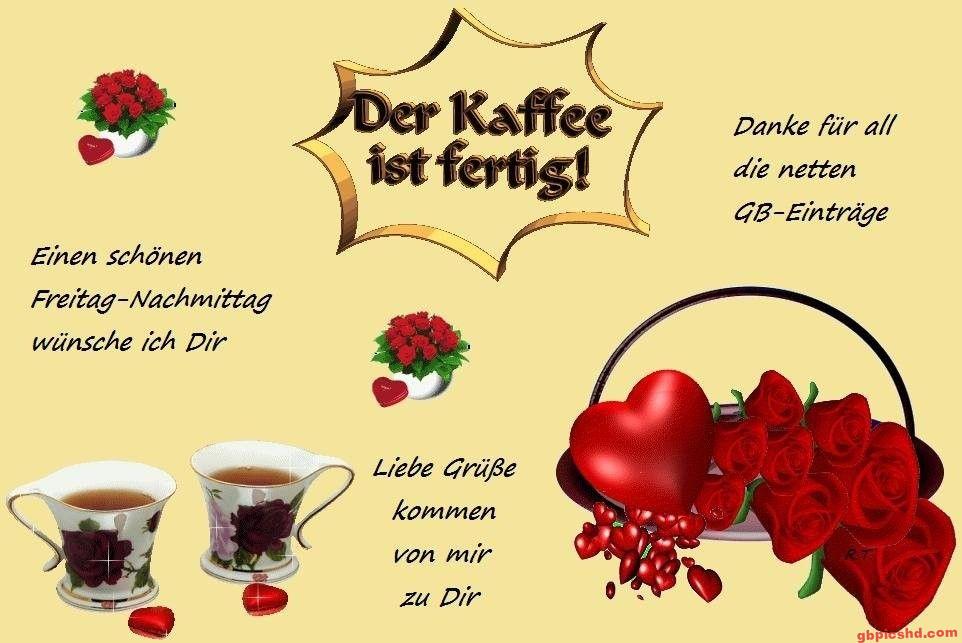 Grußkarte mit Kaffee, roten Rosen und Herzmotiven, die einen schönen Freitagnachmittag wünscht.