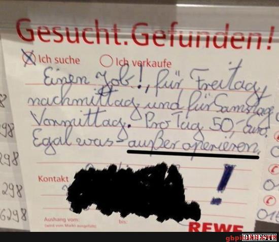 Handgeschriebener Jobgesuchzettel mit Angeboten für Arbeitstage und Preisangabe.