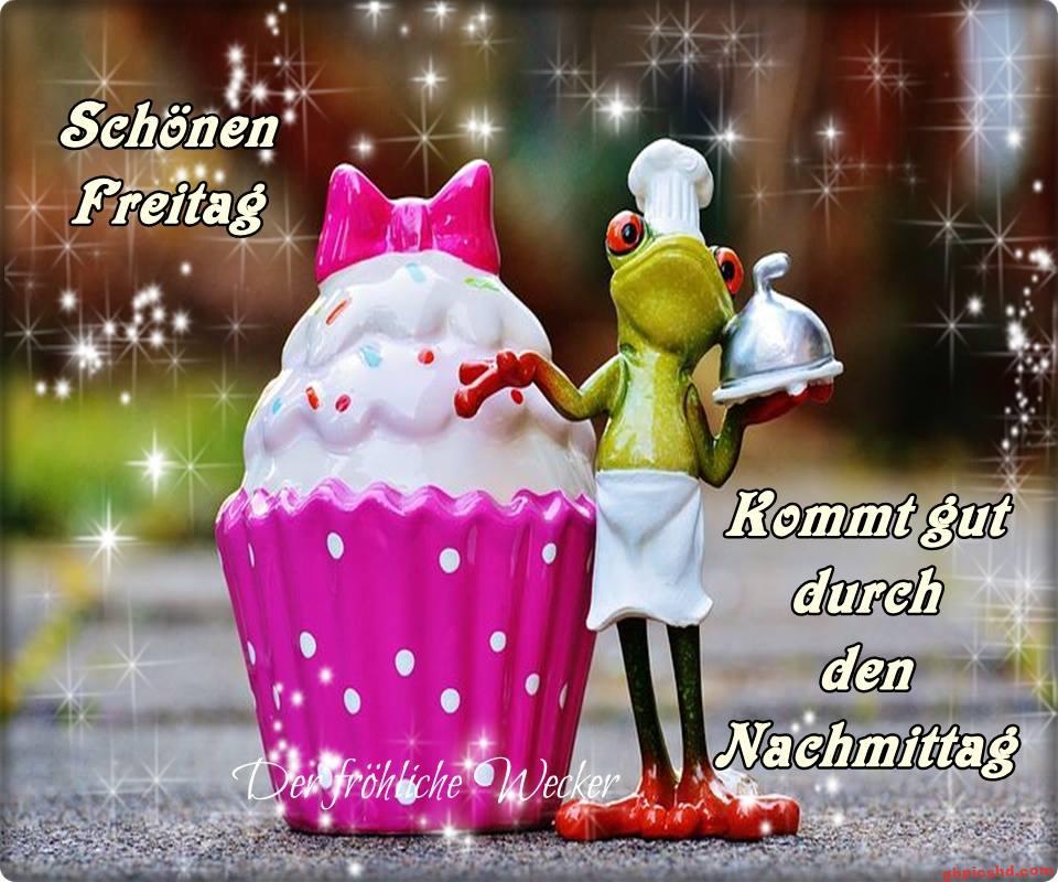 Bunte Froschfigur und Cupcake als Motiv für einen schönen Freitagsnachmittag Gruß.