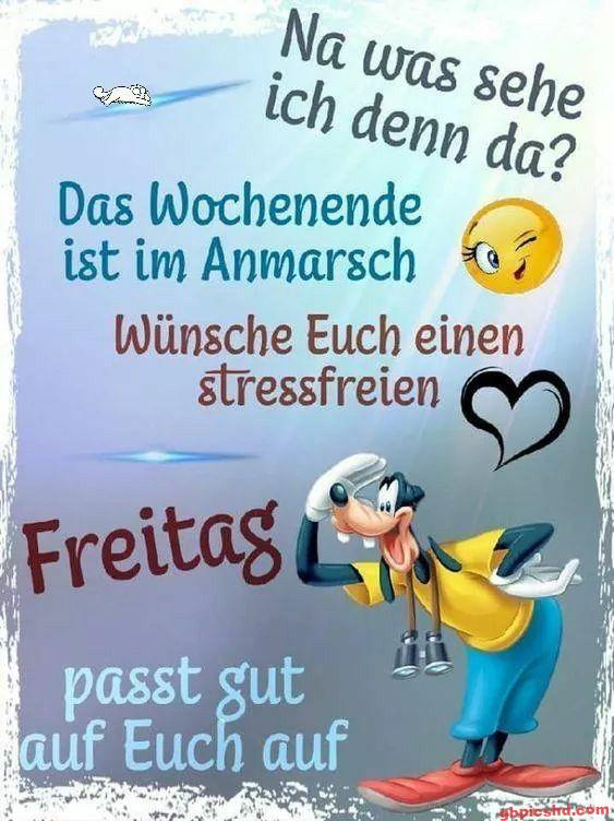 Fröhliche Comicfigur mit Gruß zum Freitag und Wunsch für ein stressfreies Wochenende.