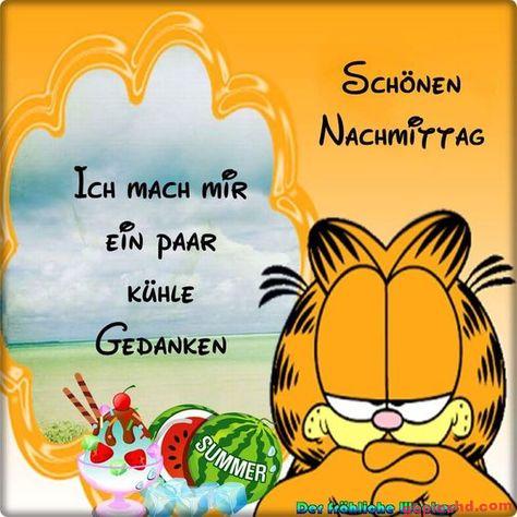 Cartoonfigur Garfield mit Eis und Wassermelone vor sommerlichem Hintergrund für einen schönen Nachmittag