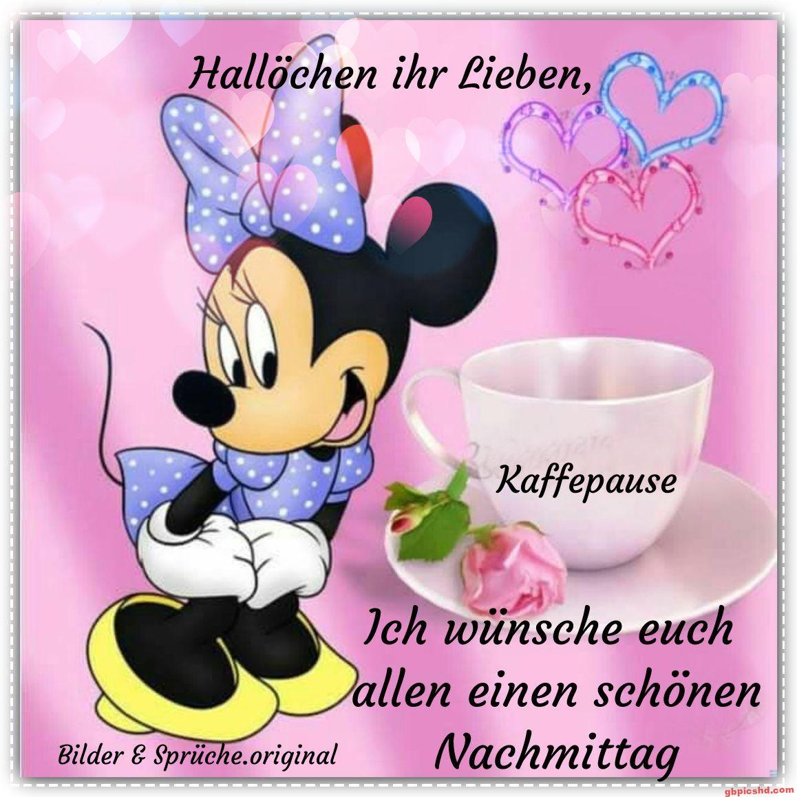 Minnie Maus mit Tasse und Rose für einen schönen Nachmittagsgruß