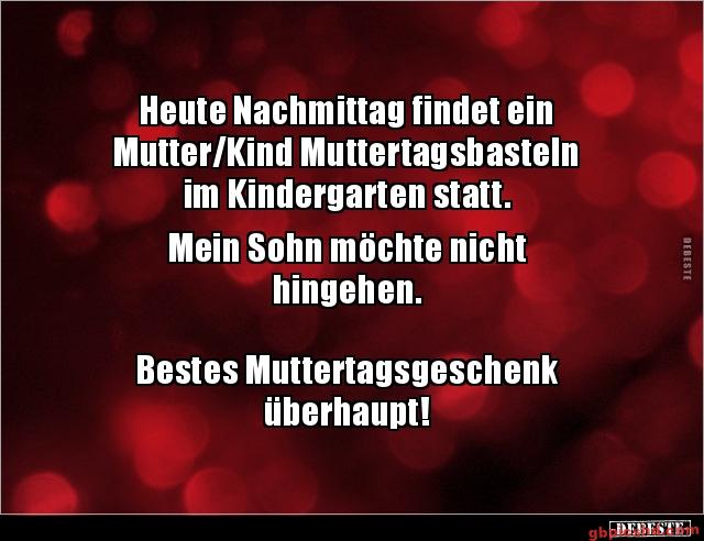 Rotes Bild mit weißem Text zum Muttertag über einen Sohn, der nicht zum Basteln gehen möchte.