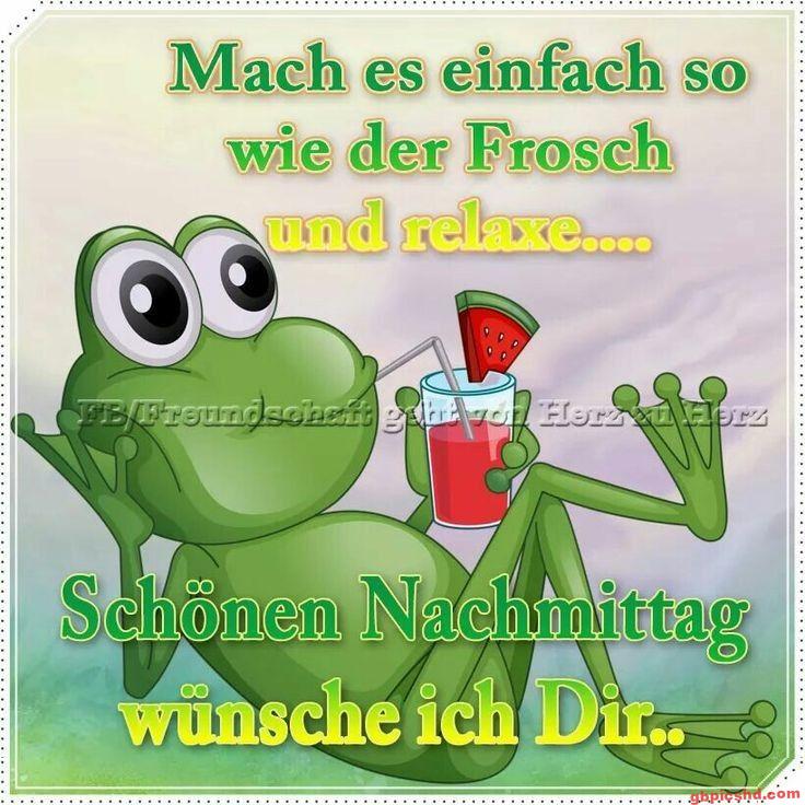 Entspannter Cartoon-Frosch mit Getränk, der einen schönen Nachmittag wünscht.