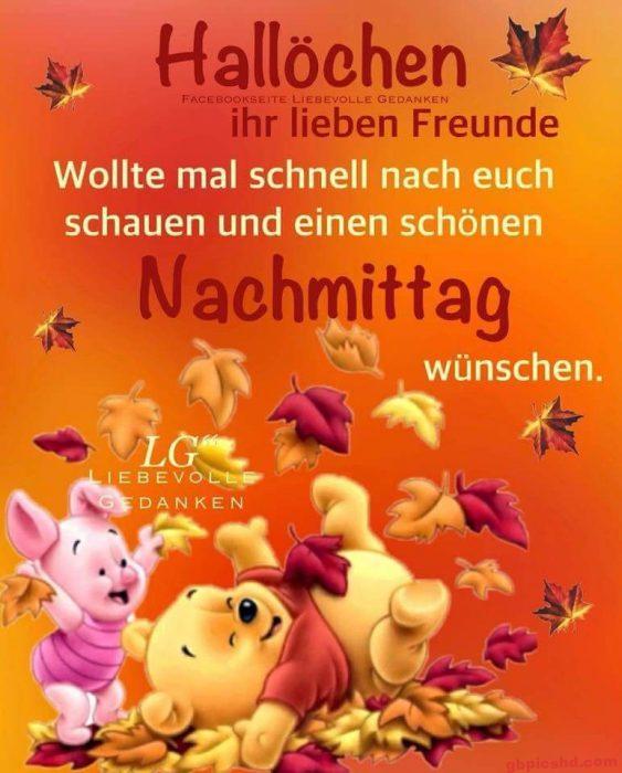 Winnie Puuh und Ferkel mit bunten Herbstblättern, freundliche Nachmittagsgrüße.