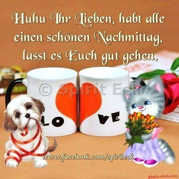 Kaffeetassen mit Liebesbotschaft, kleiner Hund und Katze mit Blumen, mittagsfreundliche Grußkarte.