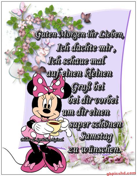 Minnie Maus mit Kaffee vor lila Blumen-Hintergrund als Samstag-Morgen-Gruß.